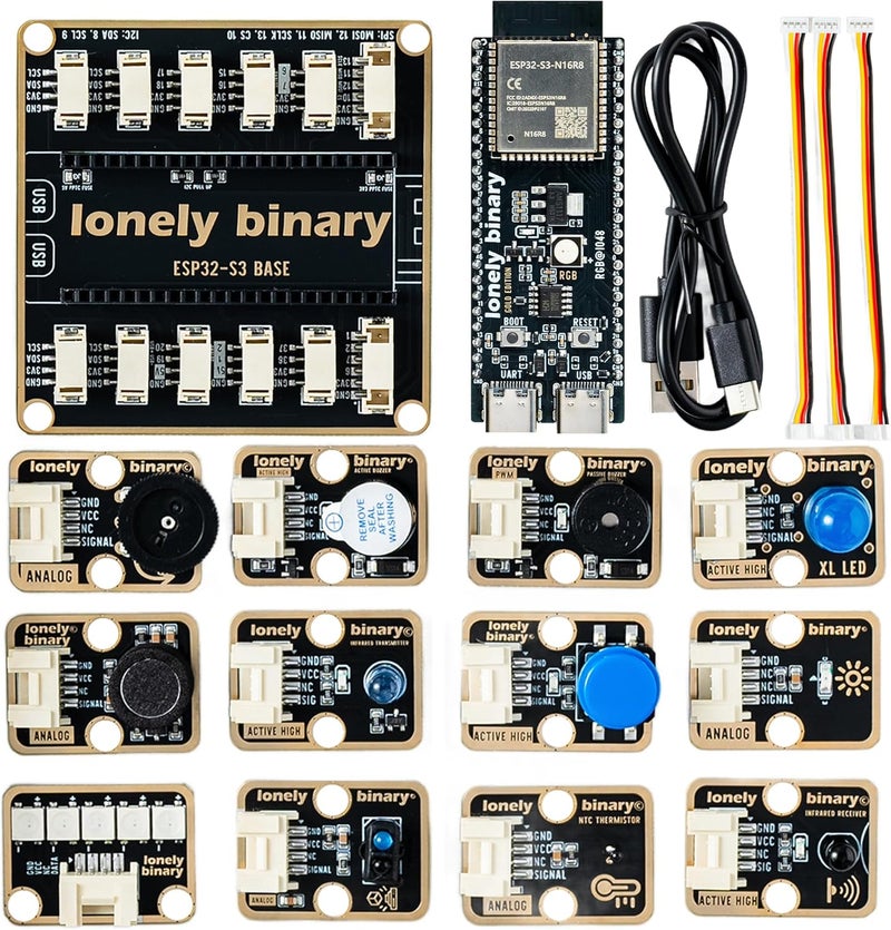 LONELY BINARY طقم بدء TinkerBlock ESP32-S3 – لوحة تطوير ESP32-S3 WiFi و Bluetooth بسعة 16MB فلاش، لوحة توسيع S3، 12 مستشعرات معيارية قابلة للتوصيل والتشغيل – متوافقة مع Arduino IDE و ESP-IDF - Image 1